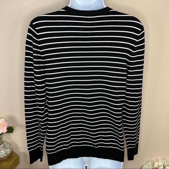 M Jones New York Black & White Striped Cardigan Sweater Long Sleeve Medium - Picture 4 of 7